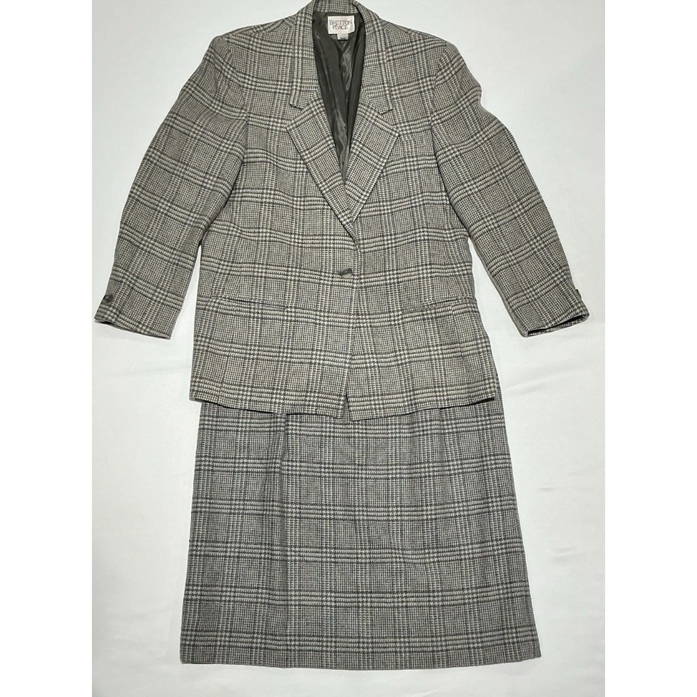 Bretton Place Skirt Suit Womens 16 Grey Plaid Vintage Wool USA Preppy Business